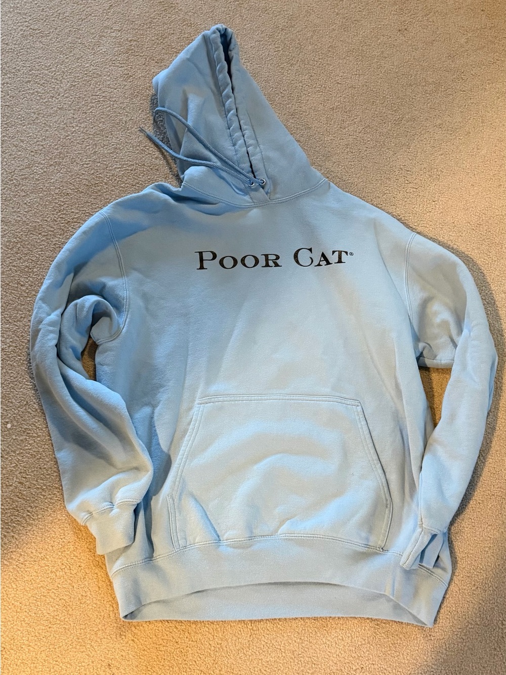 “Poor Cat” - Port & Company light blue hoodie with front pocket - Size L